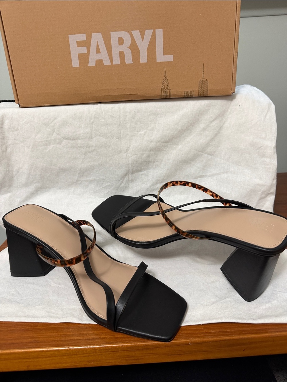 Farylrobin Black Block Heel Sandals with Tortoiseshell Strap